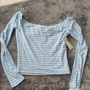 Stylish Blue Striped Off-Shoulder Long Sleeve Top